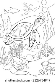 Coloring page. Little cute green sea turtle swims underwater with bubbles and smiles.