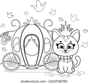 Coloring page. A little and cute kitten princess with crown near carriage