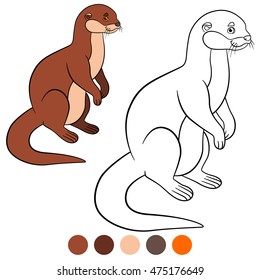 Coloring page. Little cute otter stands and smiles.