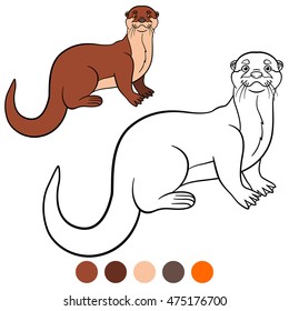 Coloring page. Little cute otter stands and smiles.