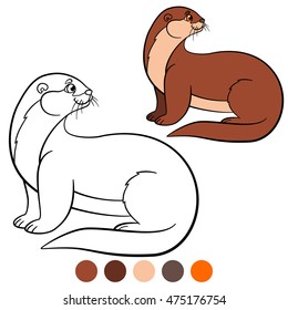 Coloring page. Little cute otter stands and smiles.