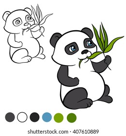 Coloring page. Little cute panda sits and eats leaves. It`s happy. 
