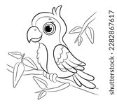 Coloring page little cute parrot sits on a branch. Vector illustration.