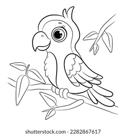 Coloring page little cute parrot sits on a branch. Vector illustration.