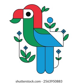 Coloring page little cute parrot sits on a branch. Vector illustration.
