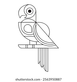 Coloring page little cute parrot sits on a branch. Vector illustration.
