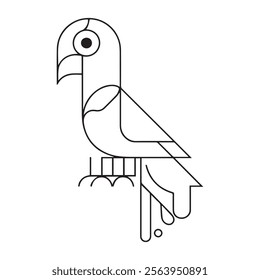 Coloring page little cute parrot sits on a branch. Vector illustration.
