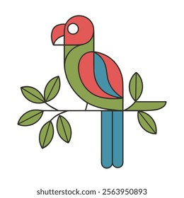 Coloring page little cute parrot sits on a branch. Vector illustration.
