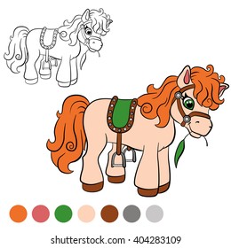 Coloring page. Little cute pony eats grass.
