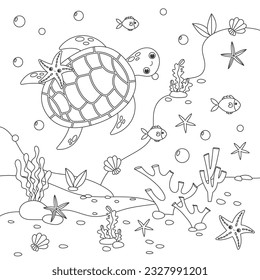 Coloring page. Little cute sea turtle swims underwater with bubbles and smiles. Vector illustration, coloring book for kids. Doodle background. cartoon characters