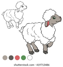 Coloring page. Little cute sheep stands and smiles.