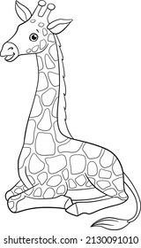 Coloring page. Little cute spotted baby giraffe with long neck lays and smiles.