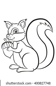 Coloring page. Little cute squirrel stands and holds an acorn in the hands. Squirrel smiles. 