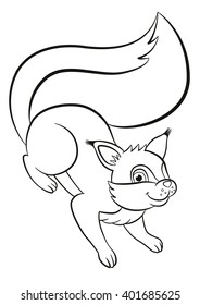 Coloring page. Little cute squirrel stands upside down and smiles.