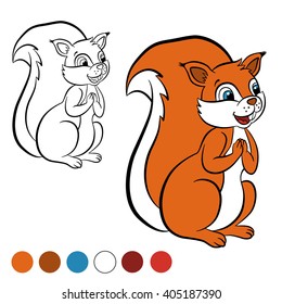 Coloring page. Little cute squirrel stands and smiles.