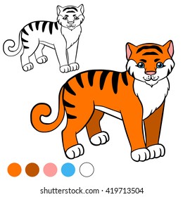 Coloring page. Little cute tiger stands and smiles.