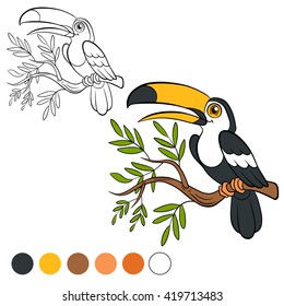 Coloring page. Little cute toucan sits on the tree branch and smiles.