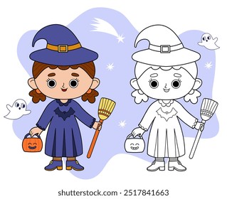 Coloring page little cute witch with pumpkin and broom, and cute ghosts. Isolated images example of coloring and linear drawing. Children's activities for Halloween. Vector flat illustration