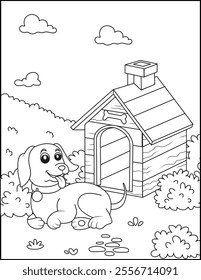 Coloring Page little dog with dog house