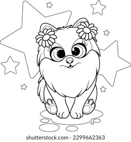 Coloring page. Little dog, pomeranian spitz with flowers on head