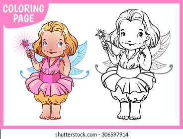 Coloring page. Little girl dressed as a fairy with a magic wand. Vector illustration on white background. A4 size.