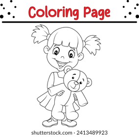 Coloring page  little girl playing with teddy bear