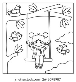 coloring page of little girl playing swing on tree with birds