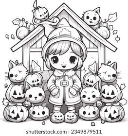 Coloring page of little girl with pumpkin halloween.  