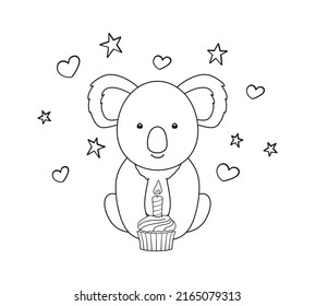 Coloring page with little koala, birthday cupcake, stars and hearts, black and white outline elements on a white. Vector design template for kids coloring book, cover, poster, greeting card and print