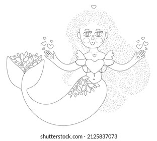 Coloring page with the little mermaid. Cartoon fantasy creature. Cute line art design for nursery poster, print, kids apparel. Vector illustration. Isolated.