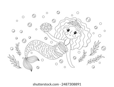 Coloring page with a little mermaid. Childrens cute magic character. Vector illustration of fairy tale undersea life