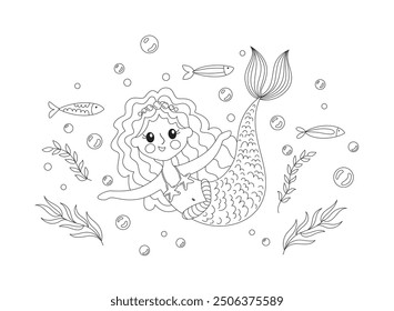 Coloring page with a little mermaid. Childrens cute magic character. Vector illustration of fairy tale undersea life