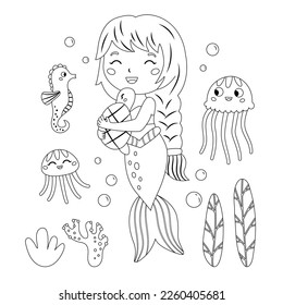 Coloring page. The little mermaid hugs the turtle. Cute jellyfish and seahorse. Fairy tale coloring book. Black and white vector illustration.