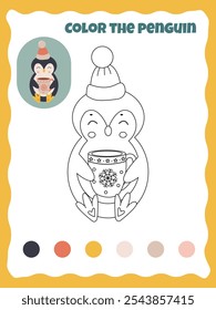 coloring page with a little penguin with a hat and a cup with a hot drink