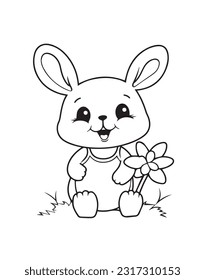 Coloring Page: Little Rabbit, Big Flower, Kids Activity