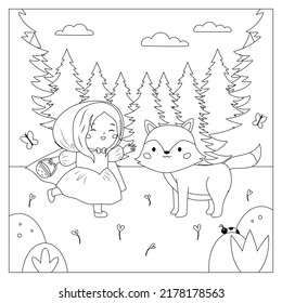 Coloring page with Little Red Riding Hood and wolf. Classical fairy tale for kids. Cute cartoon kawaii characters. Black and white vector illustration.