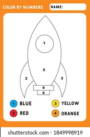 Coloring page with little rocket. Color by numbers educational children game, drawing kids activity. transport  theme. Illustration and vector outline - A4 paper ready to print.