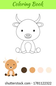 Coloring page little sitting baby yak. Coloring book for kids. Educational activity for preschool years kids and toddlers with cute animal. Flat cartoon colorful vector stock illustration.
