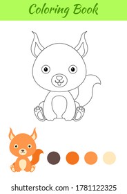Coloring page little sitting baby squirrel. Coloring book for kids. Educational activity for preschool years kids and toddlers with cute animal. Flat cartoon colorful vector stock illustration.