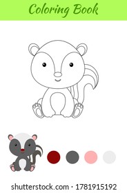 Coloring page little sitting baby skunk. Coloring book for kids. Educational activity for preschool years kids and toddlers with cute animal. Flat cartoon colorful vector stock illustration.