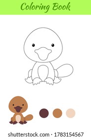 Colorando la página de un pequeño bebé platypus sentado. Libro de colorear para niños. Actividad educativa para niños de edad preescolar y niños pequeños con lindos animales. Dibujo plano de dibujos animados coloridos en el material vectorial.