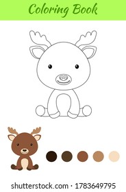 Coloring page little sitting baby moose. Coloring book for kids. Educational activity for preschool years kids and toddlers with cute animal. Flat cartoon colorful vector stock illustration.