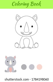 Coloring page little sitting baby rhino. Coloring book for kids. Educational activity for preschool years kids and toddlers with cute animal. Flat cartoon colorful vector stock illustration.