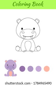 Coloring page little sitting baby hippo. Coloring book for kids. Educational activity for preschool years kids and toddlers with cute animal. Flat cartoon colorful vector stock illustration.
