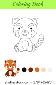 Coloring page little sitting baby red panda. Coloring book for kids. Educational activity for preschool years kids and toddlers with cute animal. Flat cartoon colorful vector stock illustration.