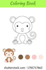 Coloring page little sitting baby monkey. Coloring book for kids. Educational activity for preschool years kids and toddlers with cute animal. Flat cartoon colorful vector stock illustration.