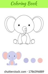Coloring page little sitting baby elephant. Coloring book for kids. Educational activity for preschool years kids and toddlers with cute animal. Flat cartoon colorful vector stock illustration.