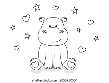 Coloring page with little sitting hippo, small stars and hearts, black and white outline elements on a white background. Vector design template for kids coloring book, poster, banner, postcard, print