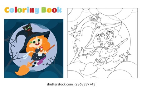 Coloring page little witch flies on a broomstick at night. Halloween character. Educational games for children in schools, kindergartens, cafes.