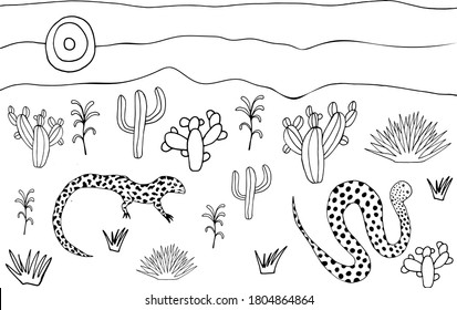 Coloring page with lizard, snake, desert landscape, cactuses, plants. Anti stress coloring book for children and adults. Vector stock illustration.